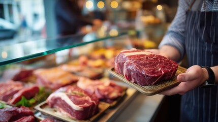 Beef cut held by a butcher over a market counter full of meats