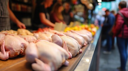 Chickens lined on a market counter at a bustling butcher stall