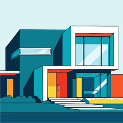 Modern architectural illustration of a contemporary house with geometric design.