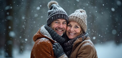 Smiling elderly couple hugging in snowy winter forest during snowfall. They wear warm hats and coats, enjoying time together outside. Couple shares joy and happiness in cold weather.
