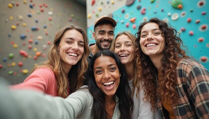 Multiethnic group takes selfie near a climbing wall. Friends smile, laugh and enjoy climbing together. Team share a moment of joy. People use mobile phone for photo in active center.