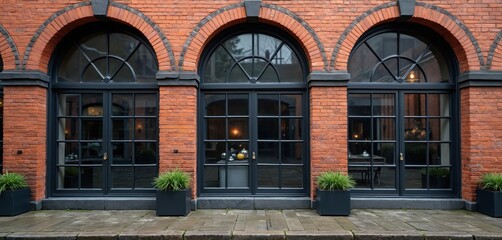 Three arched windows with dark frames stand out against red brick wall. Potted plants flank entryway, and paved walkway leads to building facade. Reflections are visible in glass panes.