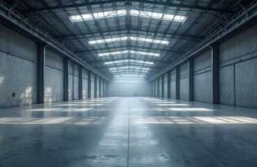 Obraz premium Vast industrial warehouse interior with high ceiling and concrete floor. Rows of steel columns support metal roof structure with skylights, casting light patterns.