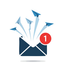 Email notification with paper airplanes representing new messages and alerts.