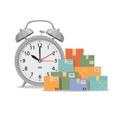 Alarm clock and packages represent time-sensitive delivery and deadlines.