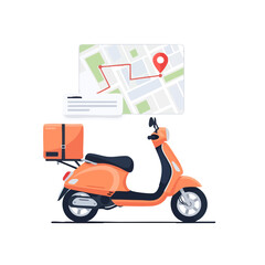 Orange scooter with delivery box and map navigation for fast transportation service.