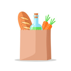 Grocery bag filled with fresh bread, carrots, and a bottle of oil, ready for cooking.