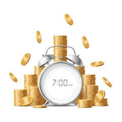 Alarm clock surrounded by stacks of gold coins, representing time and money.