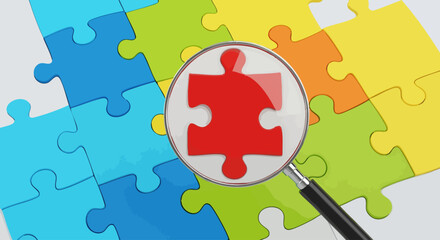 Magnifying glass focuses on red puzzle piece, highlighting the concept of problem-solving.