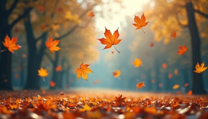 Falling orange maple leaves in forest landscape. Autumn foliage on ground with leaf fall. Scenic fall nature view outdoors. Natural autumn season background. Maple leaf in tranquil forest.