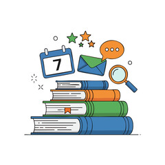 Stack of colorful books with calendar, envelope, and magnifying glass.