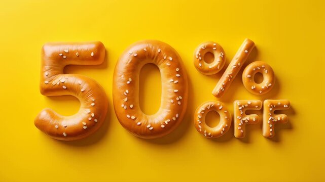 Assorted bakery products arranged as 50 off sale on yellow background