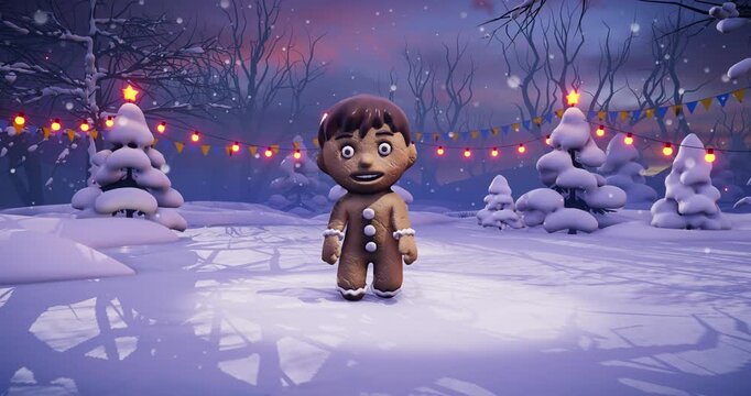 Christmas Party: A cute gingerbread man dancing against a festive backdrop. Animated video for holiday cards, special events, and New Year's parties.