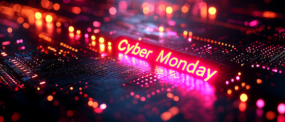 Futuristic Cyber Monday background with pink and blue neon lights over electronic circuit. Digital shopping, online discounts, and e-commerce marketing campaign. Abstract background, web banner.