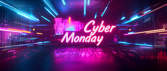 Dynamic neon web banner with Cyber Monday lettering. Seasonal sale, online shopping promotion, digital deals and futuristic e-commerce marketing with glowing motion light streaks. Abstract background.