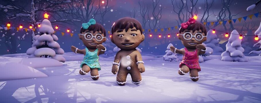 Christmas Party: Funny gingerbread cookies dancing against a festive backdrop. Animated video for holiday cards, special events, and New Year's parties.