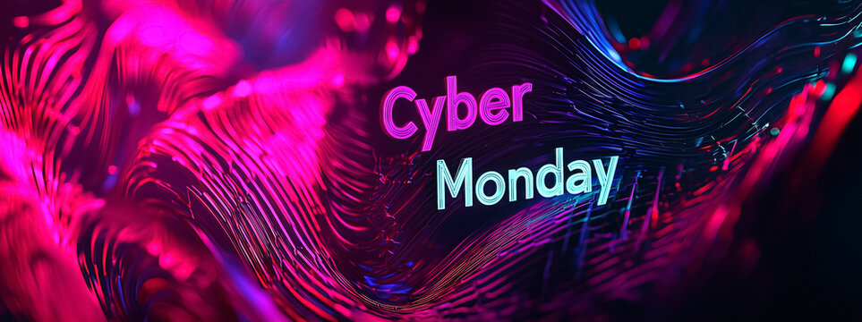 Vibrant cyberpunk aesthetic with neon Cyber Monday typography. Seasonal digital sales, e-commerce discounts, futuristic marketing campaign in pink and blue lighting. Abstract background, web banner.