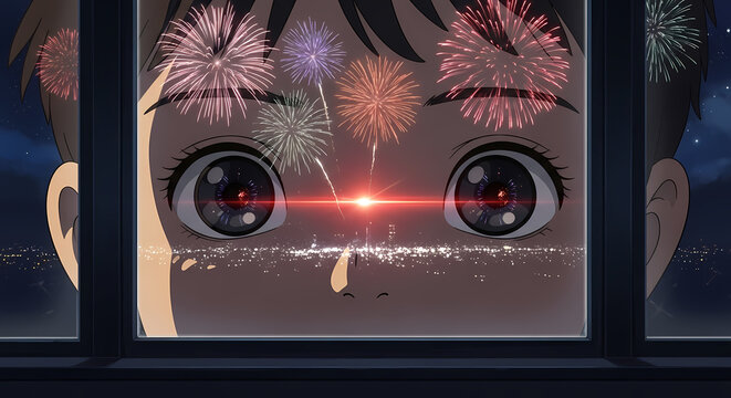 Childhood Wonder A Young Boy's Gaze Reflects the Joyful Burst of Fireworks in the Night Sky