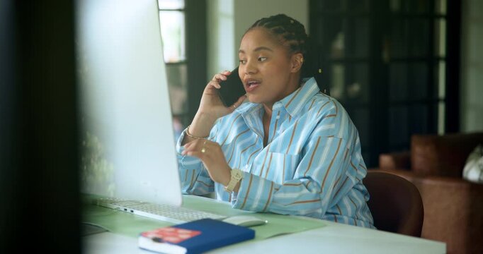 Black woman, chat and phone call with computer at house for planning, contact editor and feedback. Person, remote work and mobile to question source, facts check and discussion for story publication