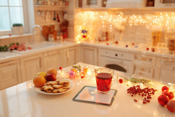 modern kitchen adorned for christmas featuring ar recipes for festive dishes and classic holiday drinks