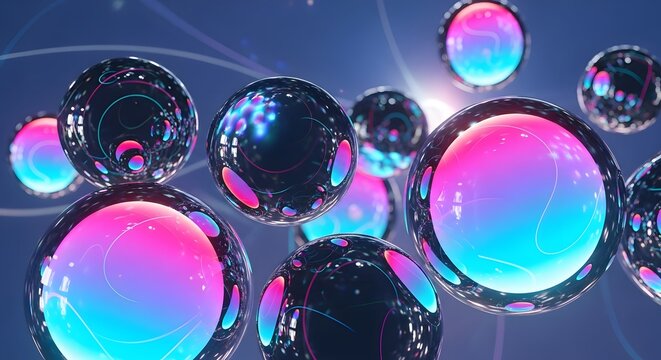 A collection of reflective spheres with colorful light patterns