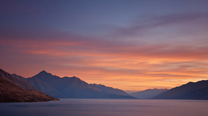breathtaking sunset over mountain lake reflecting vibrant colors of sky