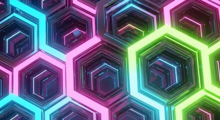 Abstract background of glowing hexagonal shapes in vibrant colors