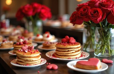 Valentine breakfast buffet features pancakes, pastries, red roses, and heart shaped treats. A romantic and sweet spread for a special morning celebration at a hotel.