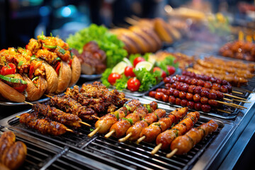 Grilled street food skewers and sandwiches on display