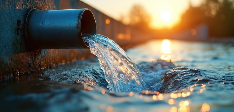 Water pours from pipe into stream at sunset. Flowing liquid creates ripples and splashes. Clear stream reflects golden sun rays on water surface.