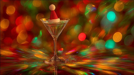 Martini cocktail with a Santa hat placed on top and blurred Christmas lights