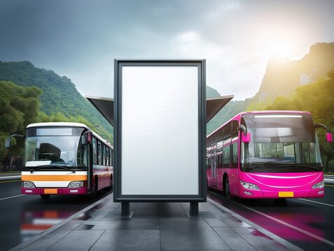Blank billboard at bus stop with buses and mountains