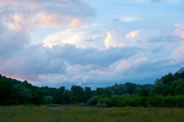 Treetops silhouette against a developing sunset sky where clouds begin to catch the evening's vibrant colors.