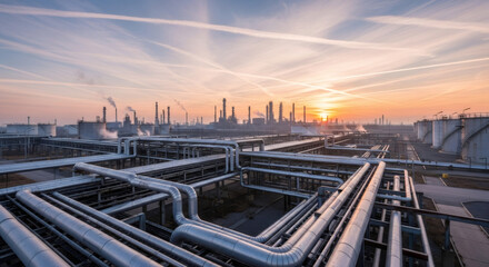Fototapeta premium Industrial pipelines at an oil and gas refinery at sunset. Steel pipe network for fuel and energy transport. Energy infrastructure and manufacturing concept