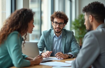Financial expert consults with young diverse couple in office. They discuss plans, review documents with laptop and papers on table. Professional meeting for future.