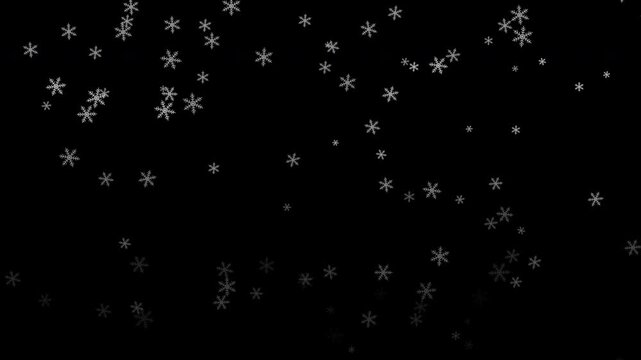 Winter snow, falling snow animation. Snowflakes slowly falling. Slowly falling snow on a black background.