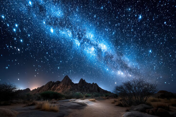 Fototapeta premium Starry night sky over a desert landscape with rocky mountains and sparse vegetation