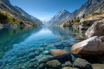 Crystal Clear Alpine Lake with Snowy Mountain Peaks