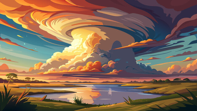 Very beautiful fading supercell over a lake at sunset in Ogallala, Nebraska, USA, featuring dramatic storm clouds, vibrant sunset colors, reflective water, and expansive plains, capturing the awe-insp