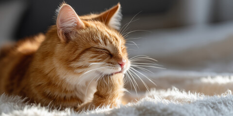 Orange cat gently grooming its paw while lying on a soft blanket in warm sunlight