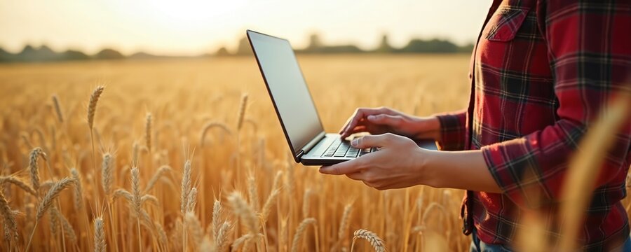 Woman works with laptop in wheat field. Agricultural worker uses tech for harvest control. Digital agriculture and smart farming concept. Innovation in crop management and yield.