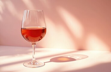 Naklejka premium Glass of amber wine sits on pink surface. Warm sunlight creates soft shadows and highlights drink. Refreshing beverage for pleasant relaxation and enjoyment.