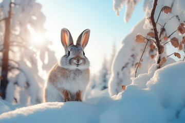 Kaninchen im verschneiten Winterwald bei Sonnenschein