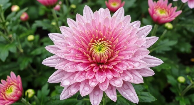 Lovely pink chrysanthemum with water droplets glistening, perfect for spring bloom and floral designs