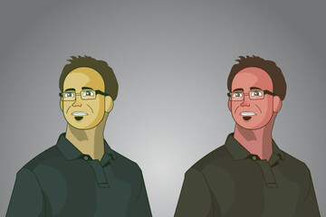 Flat and stylish smiling male character wearing glasses illustration design in two color schemes