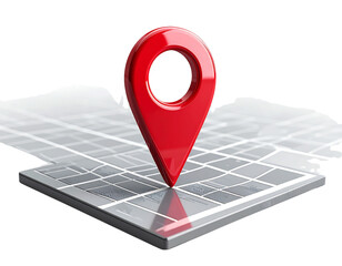  3D Red Location Pin Icon Floating Above Map Grid, Front View, Isolated on Transparent Background