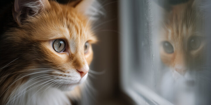 Fluffy orange cat staring out the window with its reflection visible in the glass