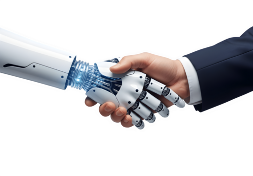 "Human Hand Shaking Robotic AI Hand Isolated on Transparent Background PNG – Futuristic Technology Concept" - Powered by Adobe
