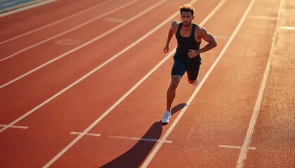 Strong male athlete runs on red track. Young man sprints fast, showing power and focus during intense workout. He trains hard outdoors at stadium in bright sunlight for speed training.