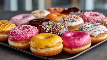 Close-up shot of a tray overflowing with colorful frosted and decorated donuts